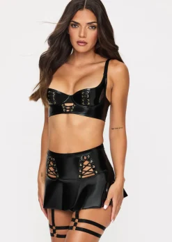 Lustful Lure PU Skirt with Detachable Suspenders - Black