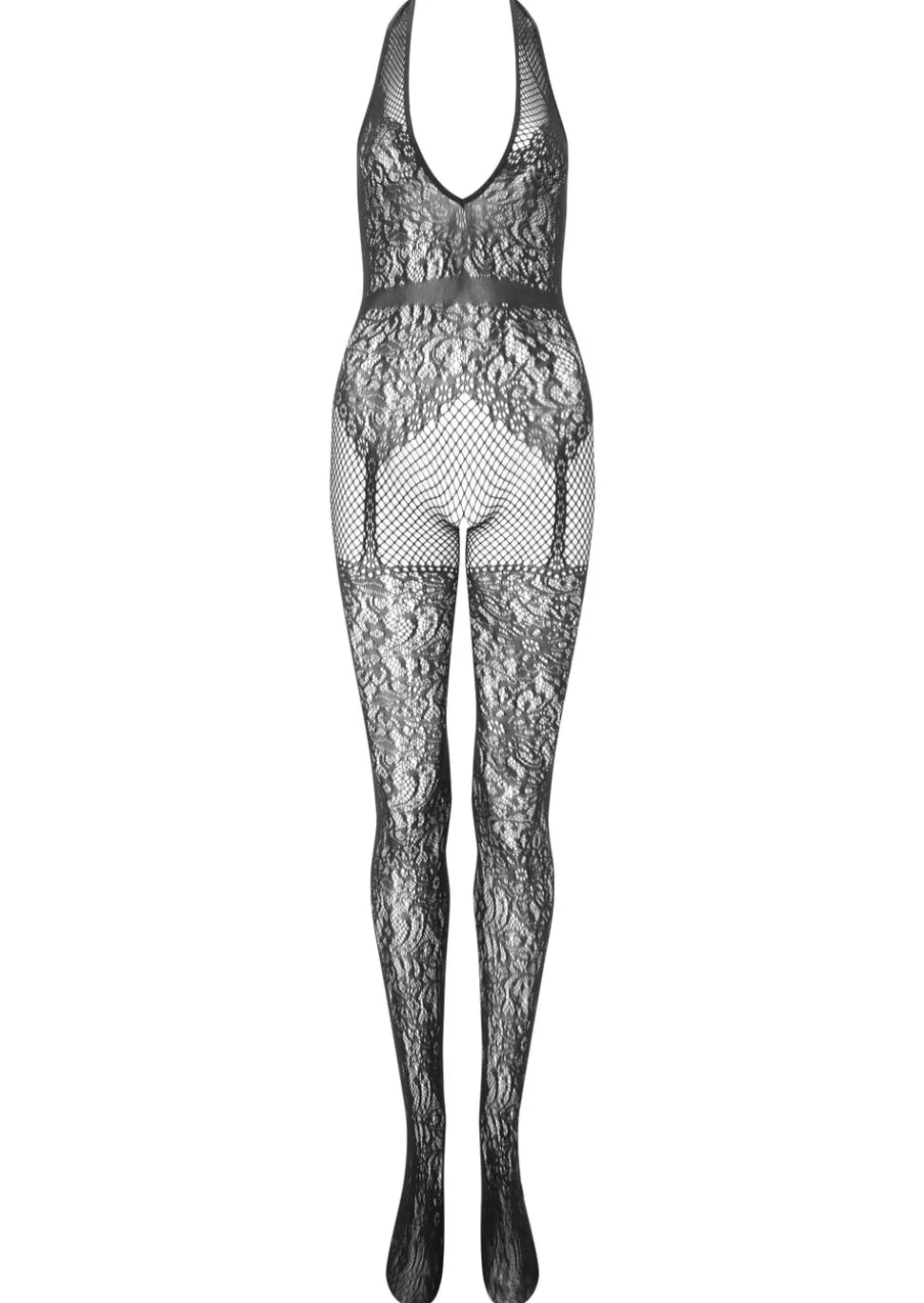 Mia Floral Lace Crotchless Bodystocking - Black