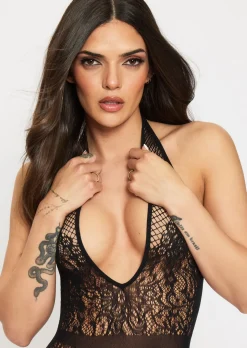 Mia Floral Lace Crotchless Bodystocking - Black