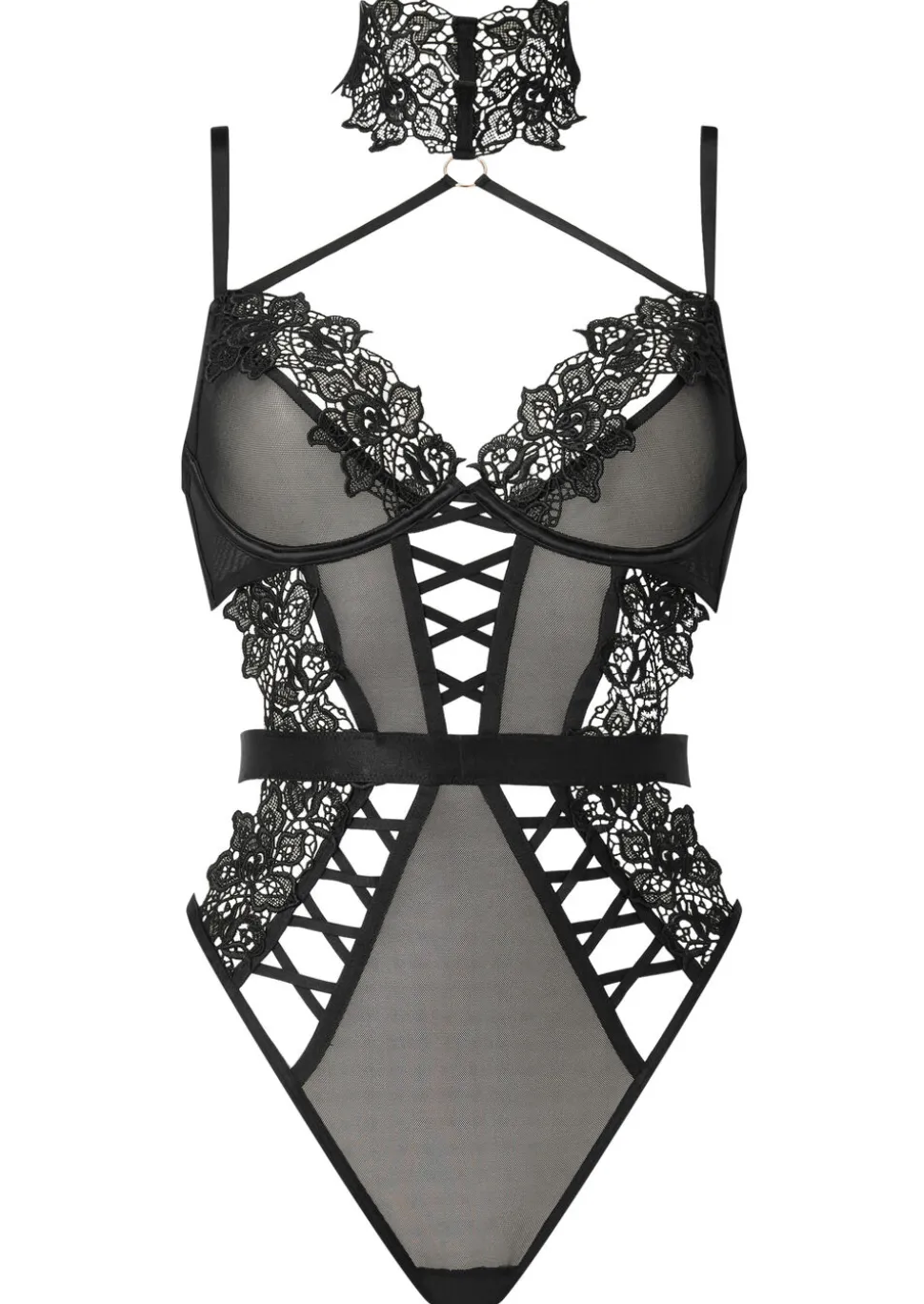 Midnight Muse Guipure Lace Crotchless Lingerie Body - Black