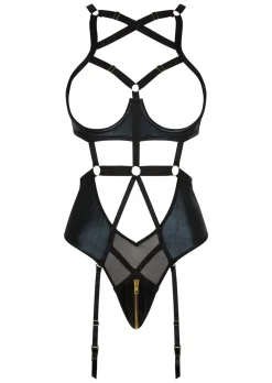 Minx PU Open Cup Crotchless Lingerie Body - Black