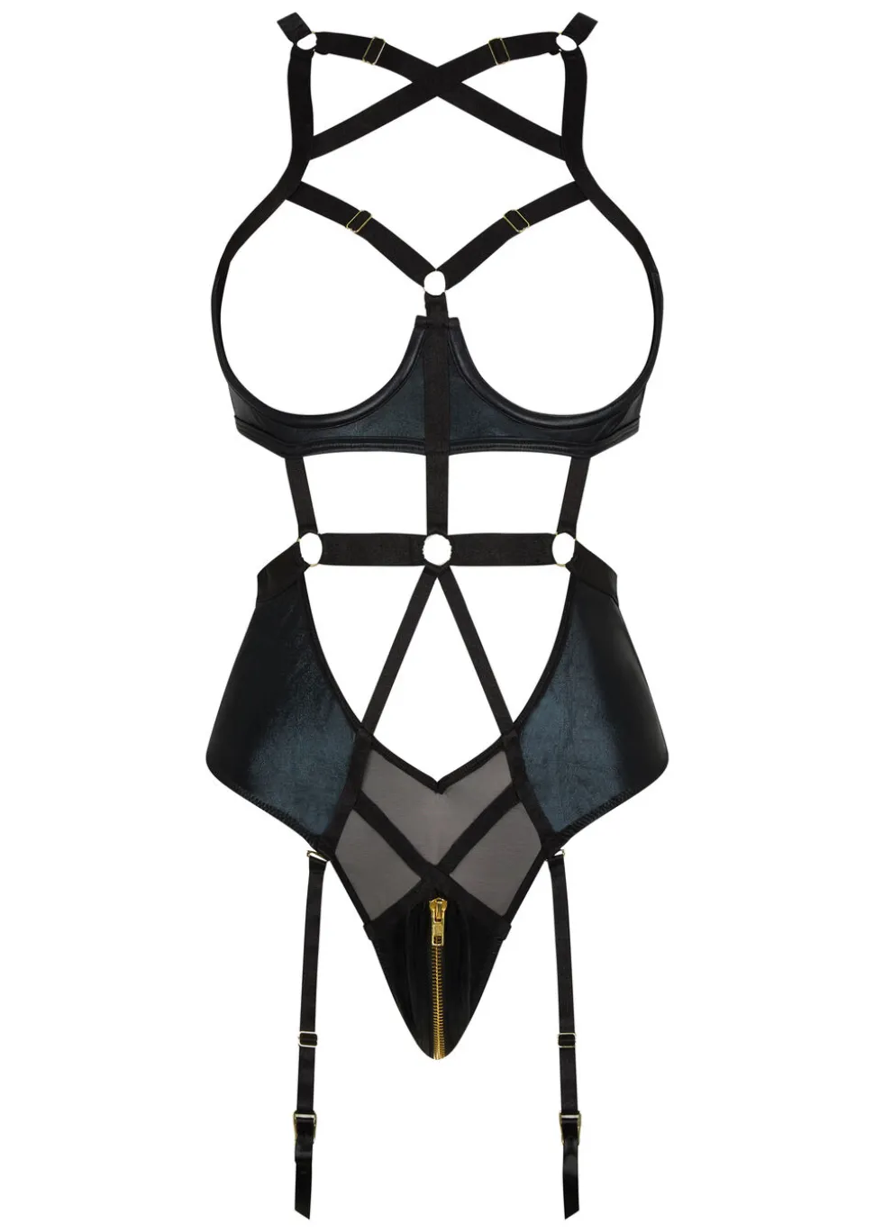 Minx PU Open Cup Crotchless Lingerie Body - Black