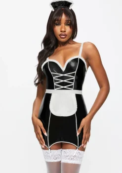 Mistress Maid 2-Piece PU Sexy Fancy Dress Costume with Headband - Black