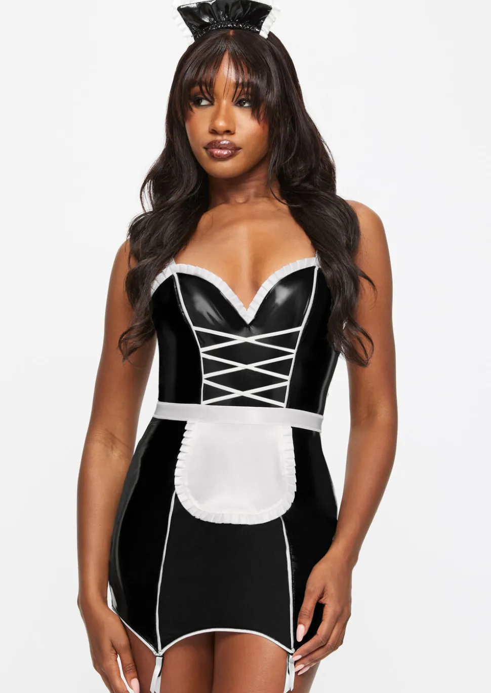 Mistress Maid 2-Piece PU Sexy Fancy Dress Costume with Headband - Black