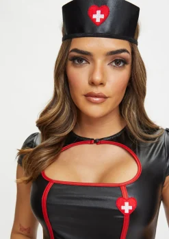 Naughty Nurse 2 Piece PU Costume with Headband - Black/Red