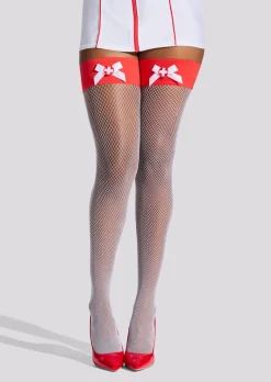 Nurse Bow Fishnet Hold Ups - White
