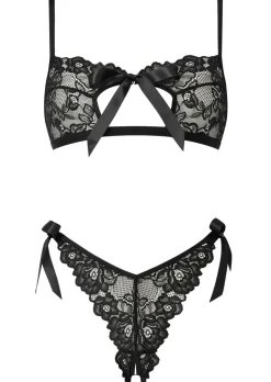 One More Kiss Lace Crotchless Lingerie 2 Piece Set - Black