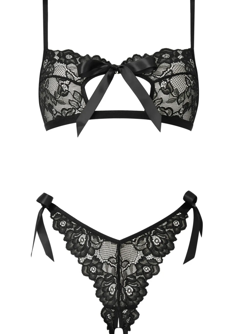 One More Kiss Lace Crotchless Lingerie 2 Piece Set - Black