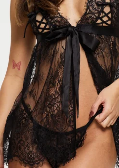 Place In My Heart Lace Crotchless Babydoll 2 Piece Set - Black
