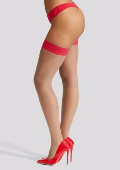 Plain Top Seamed Glossy Hold Ups - Red
