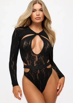 Pure Passion Long Sleeve Lace Lingerie Body - Black