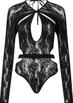Pure Passion Long Sleeve Lace Lingerie Body - Black