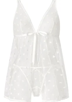 Queen of Hearts Crotchless Babydoll Lingerie 2 Piece Set - Ivory