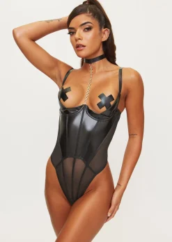 Revolutionary PU Crotchless Body with Detachable Choker Chain - Black