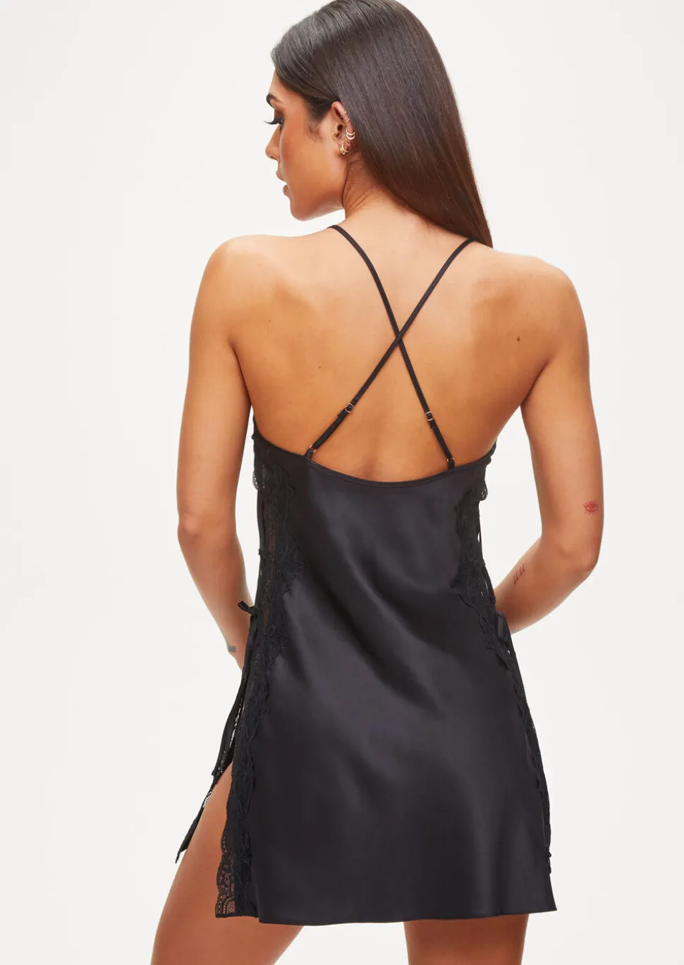 Rosalie Satin Lace Trim Chemise Lingerie - Black