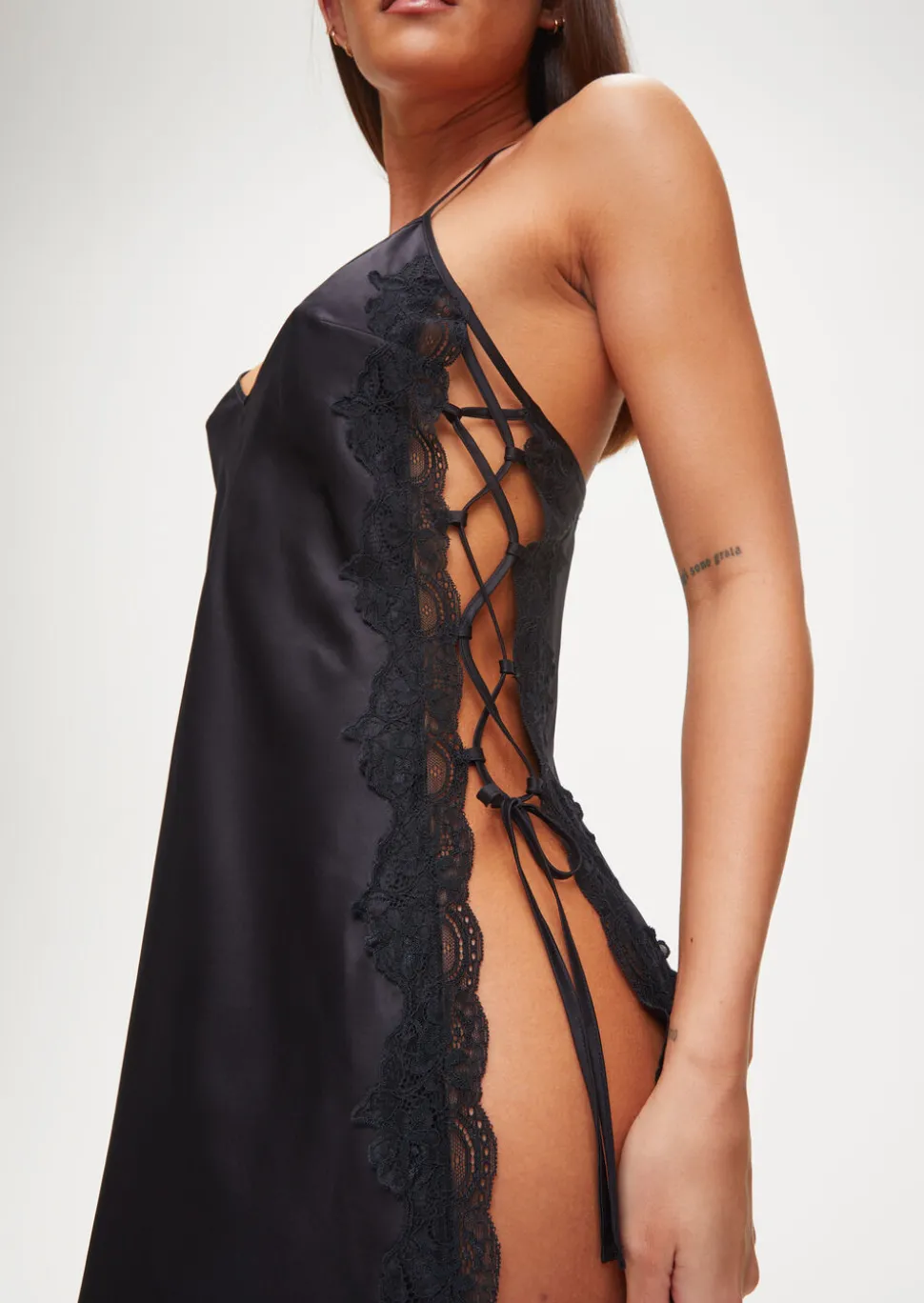 Rosalie Satin Lace Trim Chemise Lingerie - Black