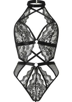 Rosella Lace Halterneck Crotchless Lingerie Body - Black