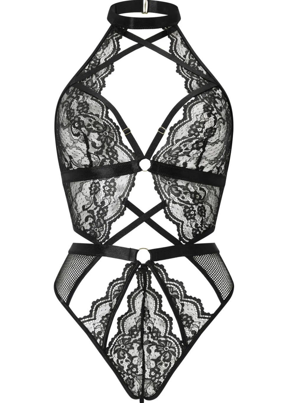 Rosella Lace Halterneck Crotchless Lingerie Body - Black
