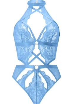 Rosella Lace Halterneck Crotchless Lingerie Body - Light Blue