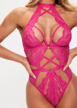 Rosella Lace Halterneck Crotchless Lingerie Body - Pink