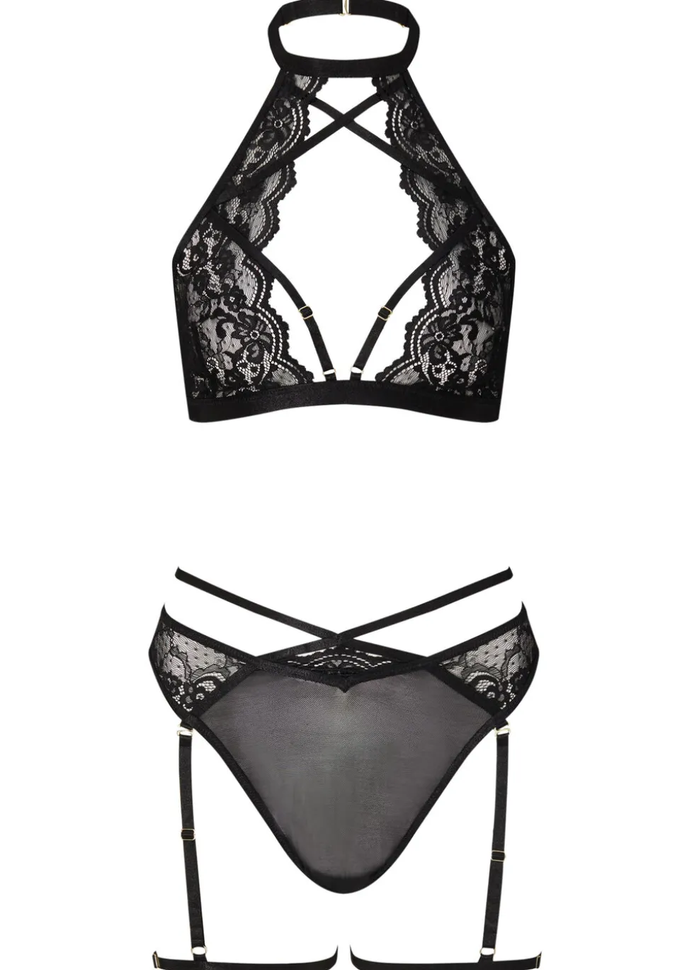 Rosella Lace Halterneck Crotchless Lingerie 2 Piece Set - Black