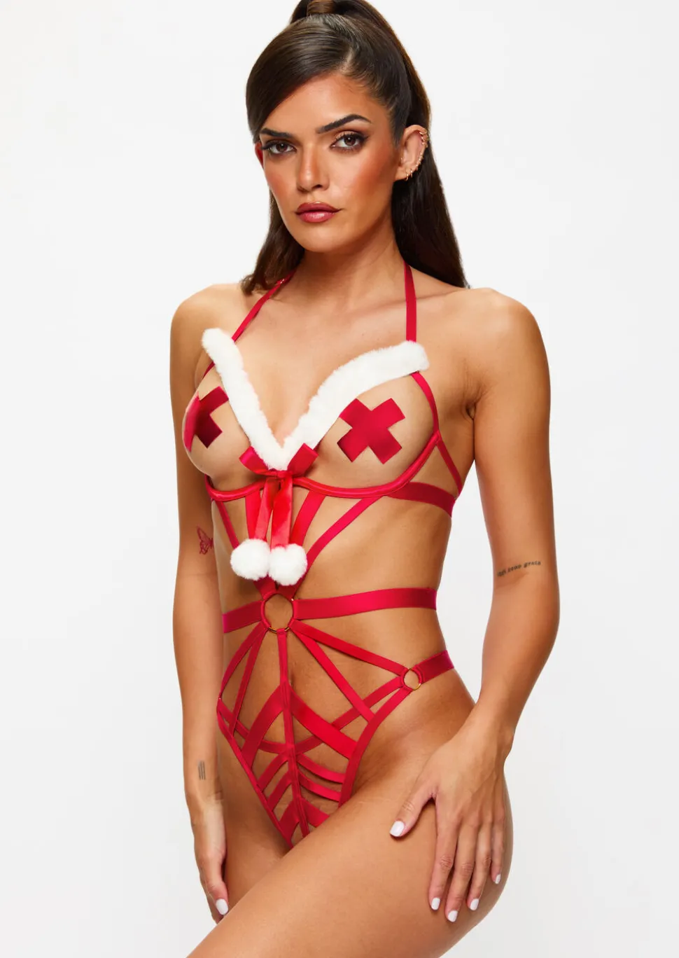 Saucy Santa Peek-A-Boo Christmas Body with Faux Fur Trim - Red