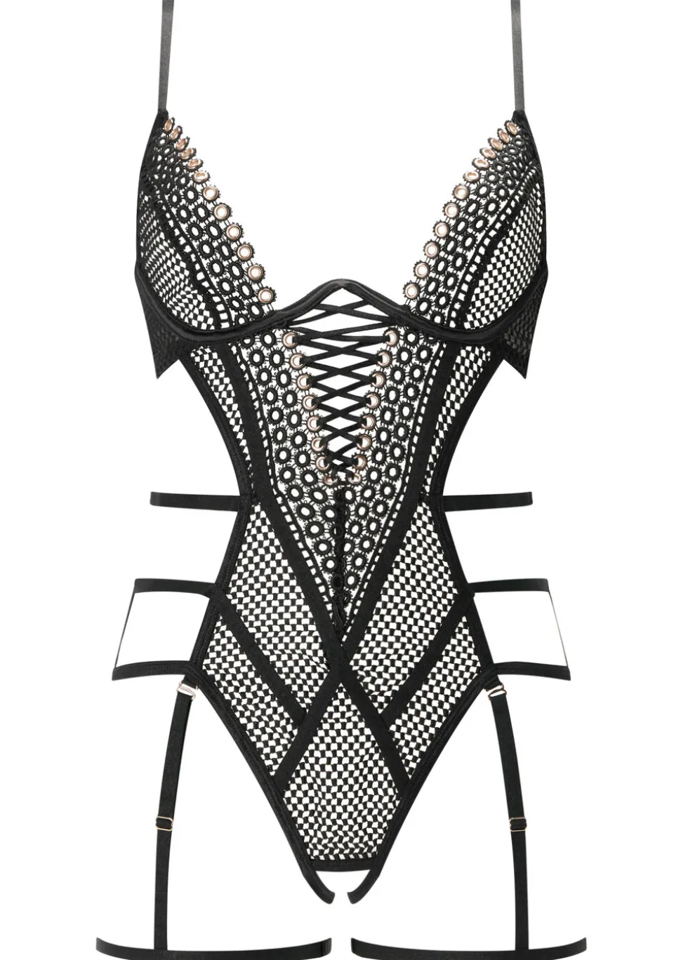Seductive Aura Guipure Fishnet Crotchless Lingerie Body - Black