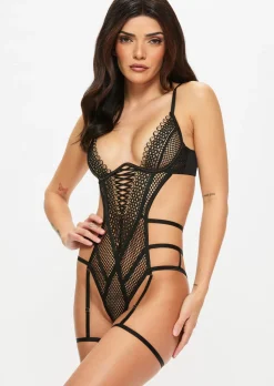 Seductive Aura Guipure Fishnet Crotchless Lingerie Body - Black
