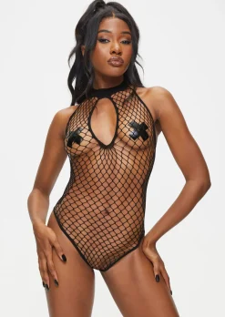 Seductive Fishnet Open Cup Crotchless Lingerie Body - Black