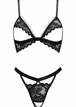 Seductive Whispers Lace Pearl Crotchless 2 Piece Set - Black
