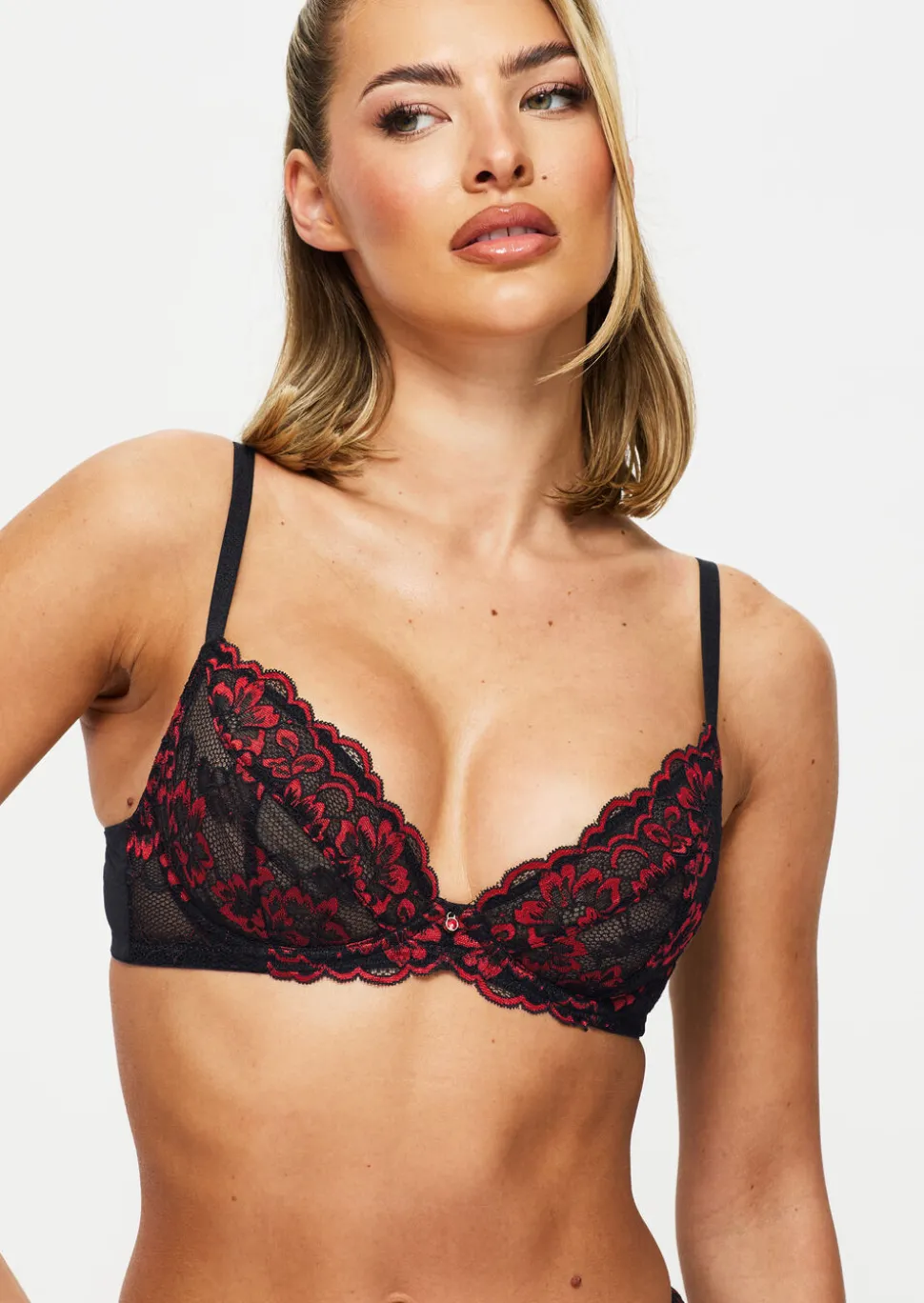 Sexy Lace Non Padded Plunge Bra - Black/Red