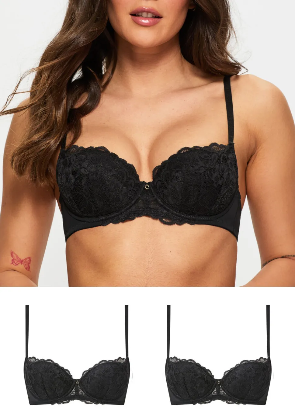 Sexy Lace Padded Balcony Bra - Pack of 2 - Black