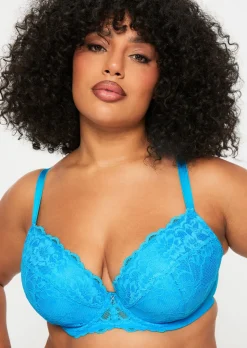 Sexy Lace Padded Plunge Bra - Bright Blue