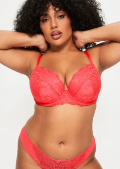 Sexy Lace Padded Plunge Bra - Coral