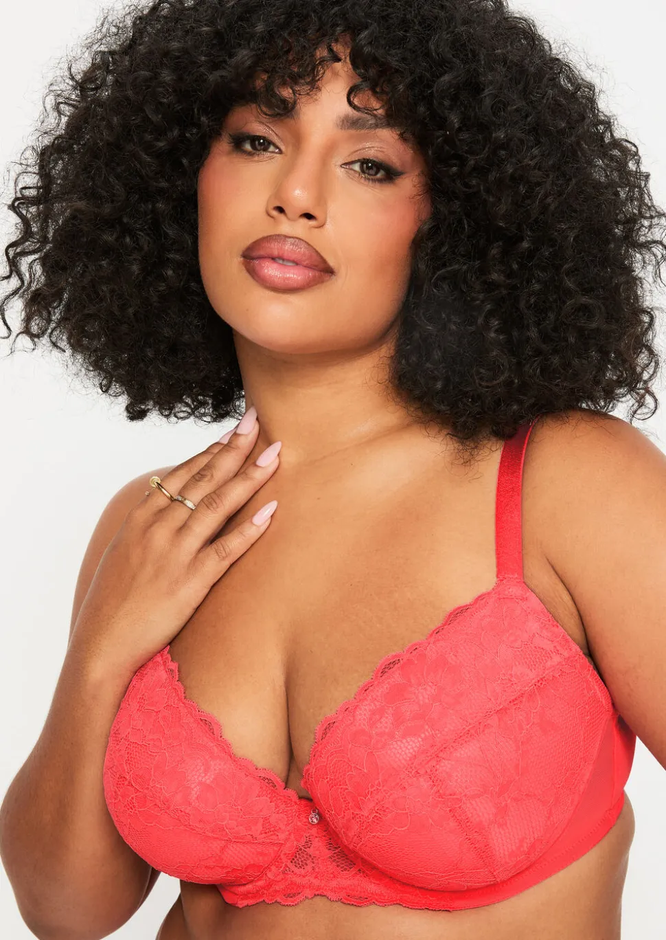 Sexy Lace Padded Plunge Bra - Coral