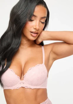 Sexy Lace Padded Plunge Bra - Pale Pink