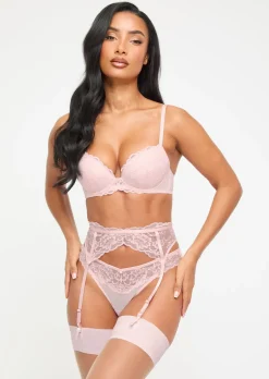 Sexy Lace Padded Plunge Bra - Pale Pink