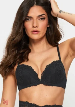 Sexy Lace Padded Plunge Bra - Pack of 2 - Black/Nude