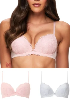 Sexy Lace Padded Plunge Bra - Pack of 2 - White/Blush