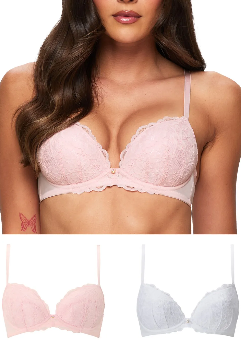 Sexy Lace Padded Plunge Bra - Pack of 2 - White/Blush
