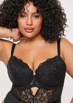 Sexy Lace Padded Plunge Lingerie Body - Black