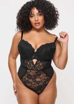 Sexy Lace Padded Plunge Lingerie Body - Black