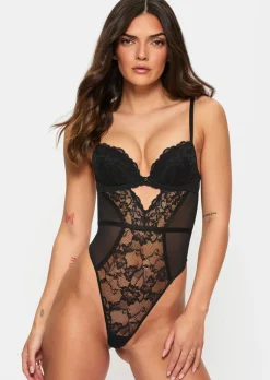 Sexy Lace Padded Plunge Lingerie Body - Black