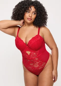 Sexy Lace Padded Plunge Lingerie Body - Red