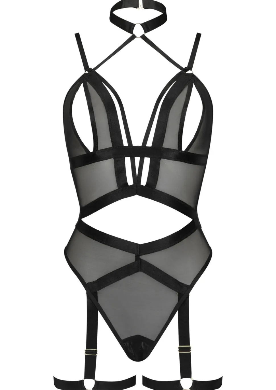 Shadow Mesh Peep Hole Crotchless Lingerie Body - Black