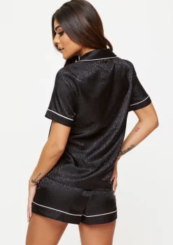 Signature Satin Pyjama Shirt & Shorts Set - Black