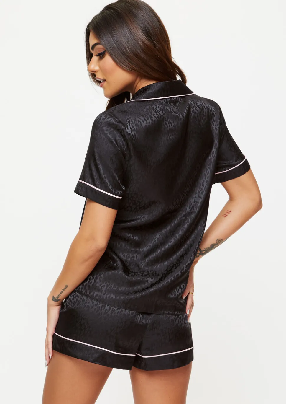 Signature Satin Pyjama Shirt & Shorts Set - Black