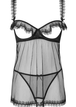Slow Tease Open Cup Crotchless Babydoll Lingerie 2 Piece Set - Black