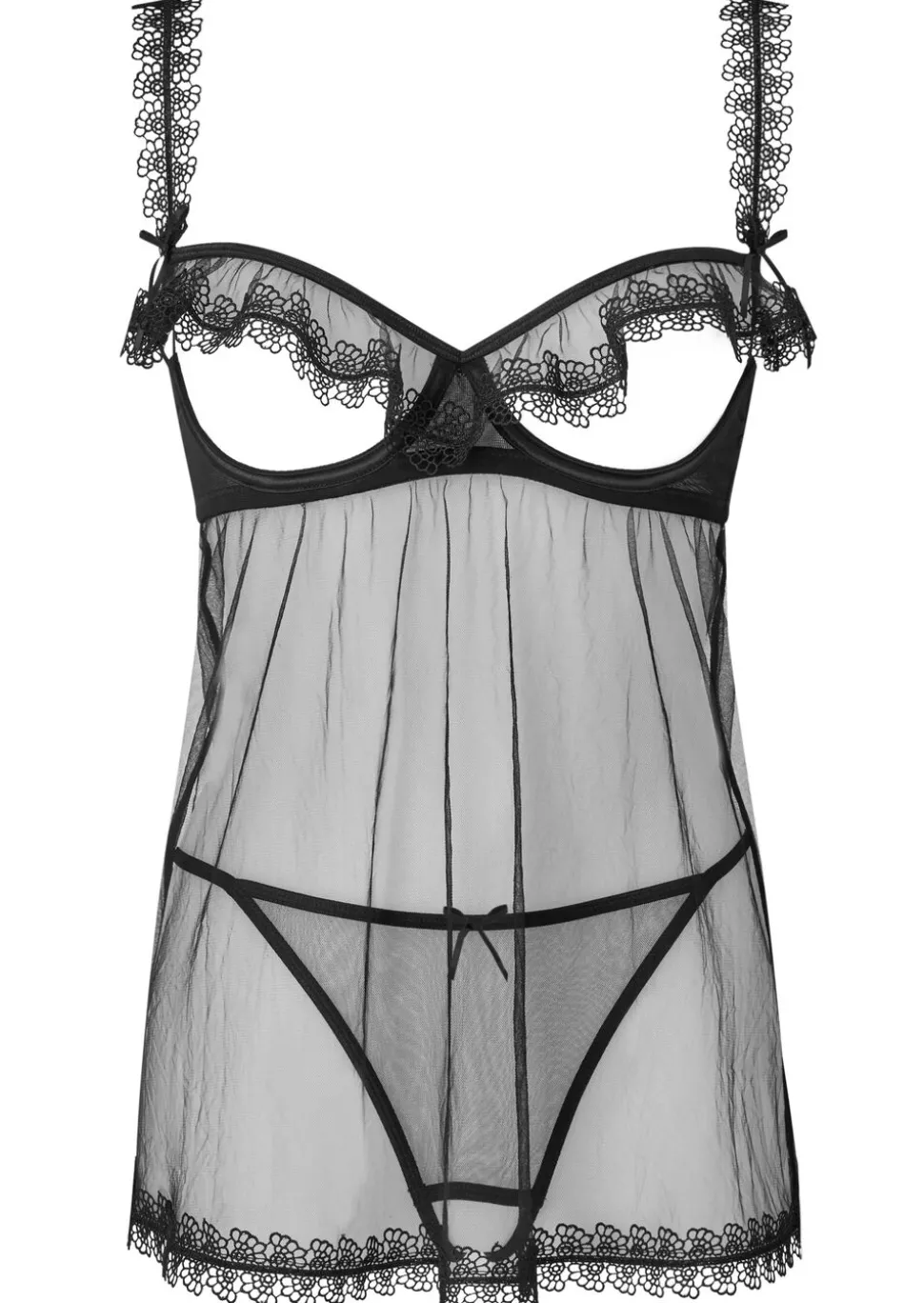 Slow Tease Open Cup Crotchless Babydoll Lingerie 2 Piece Set - Black