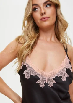 Sorella Satin Lace Trim Chemise Lingerie - Black